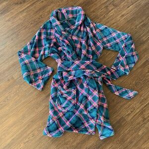 Plush green and pink plaid robe